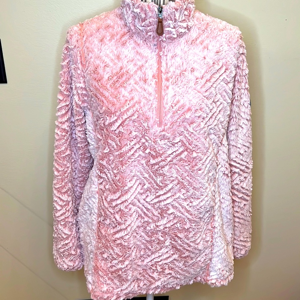 Simply Southern fuzzy fleece pink weave quarter zip pullover, Large
